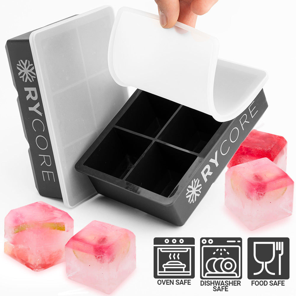 Double Pack 2" Large Square Ice Cube Mold | 12 Cubes with 2 Lids | Black