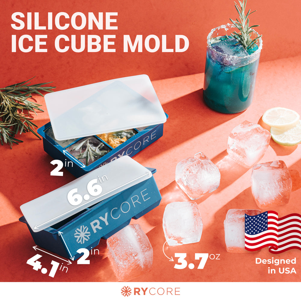 Double Pack 2" Large Square Ice Cube Mold | 12 Cubes with 2 Lids | Blue