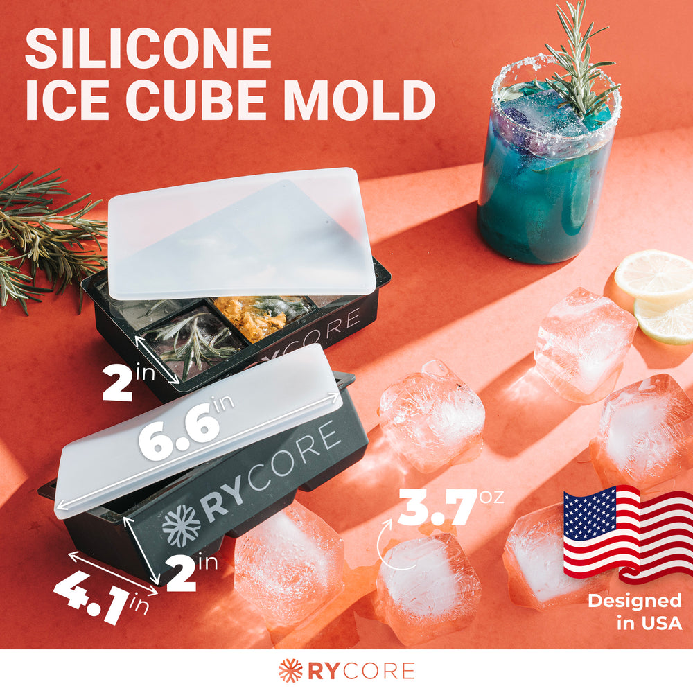 Double Pack 2" Large Square Ice Cube Mold | 12 Cubes with 2 Lids | Black