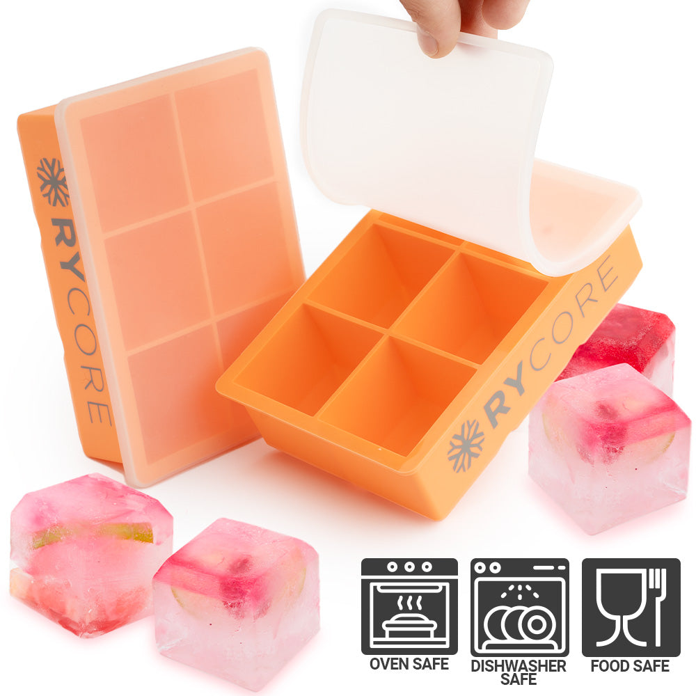 RYCORE Large Ice Cube Tray with Lid - 2 Square Silicone Mold Ice Tray - 2 Pack, Orange
