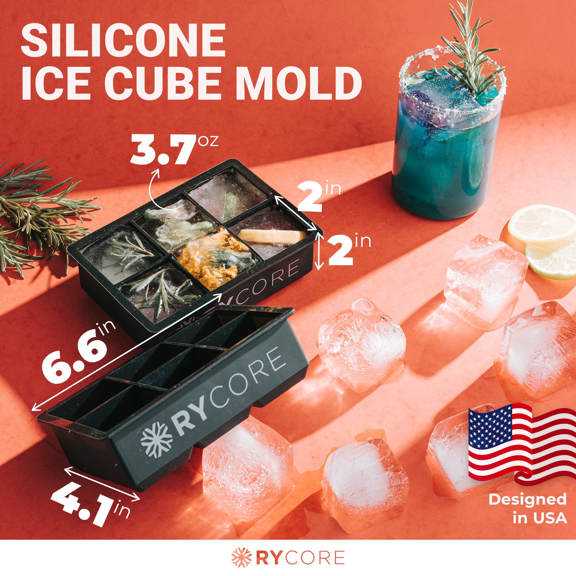 Large Ice Cube Trays for Whiskey | 2 Pack, 2" Molds | 12 Cubes, Black