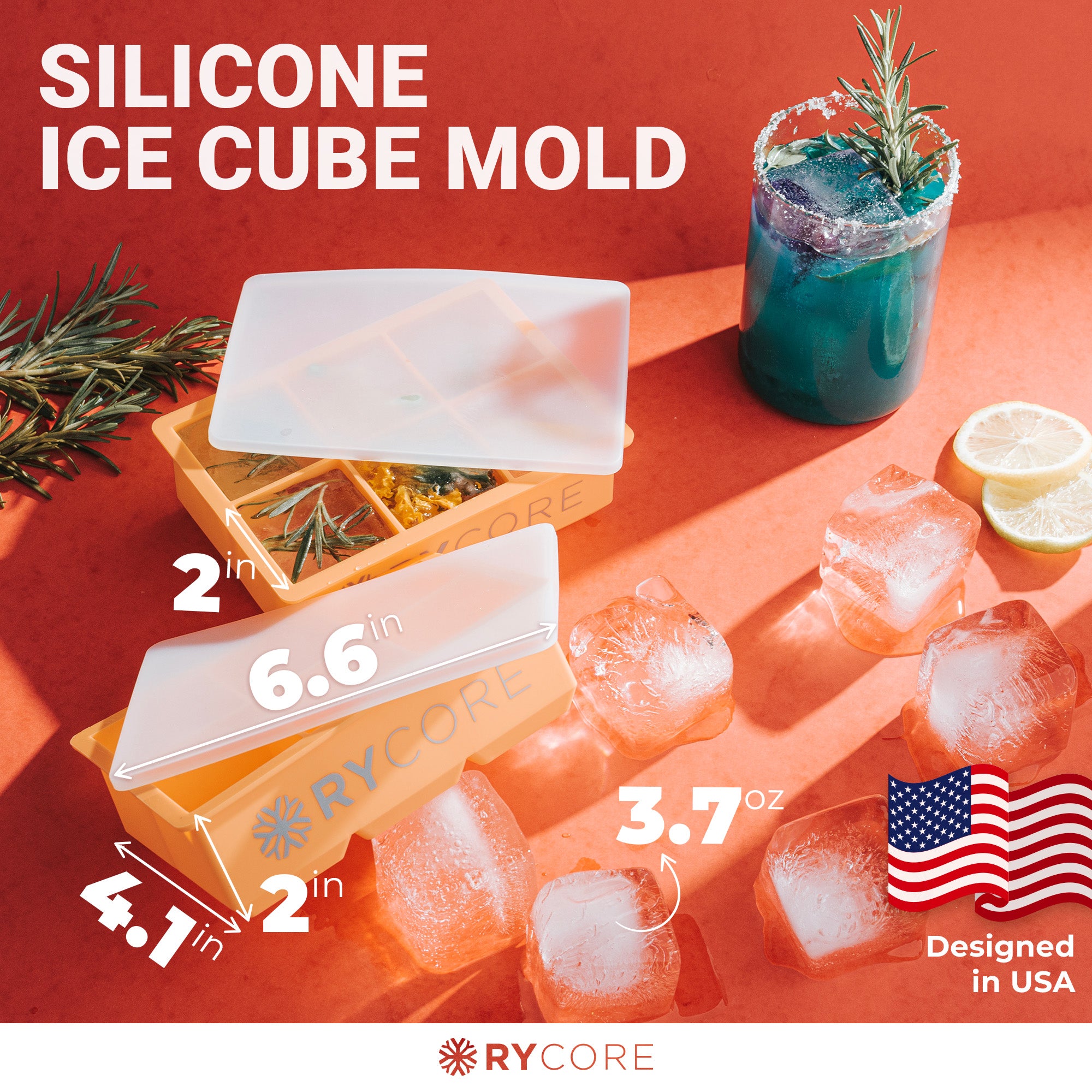 Double Pack 2" Large Square Ice Cube Mold | 12 Cubes with 2 Lids | Orange