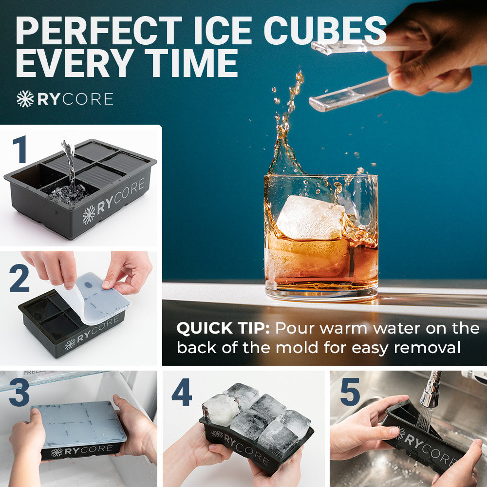 Double Pack 2" Large Square Ice Cube Mold | 12 Cubes with 2 Lids | Black