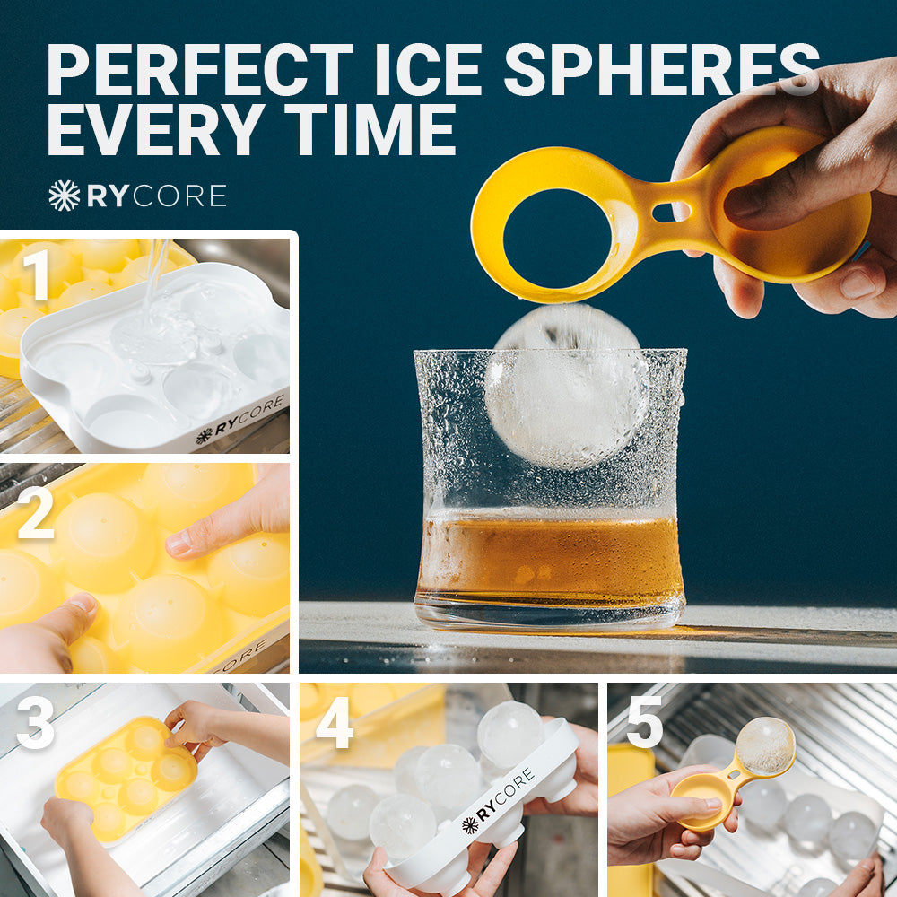 Large Round Ice Cube Mold with Bin - 2.5" Whiskey Ice Ball Mold - Sphere Ice Mold for Cocktails - EASY FILL, Yellow